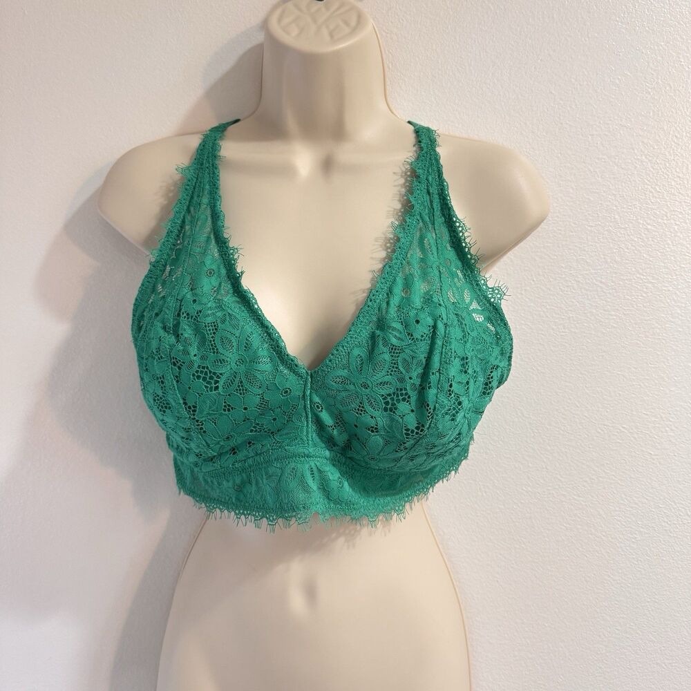 Aerie Bra Bralette XL Kelly Green Floral Lace Criss Cross Back Wireless